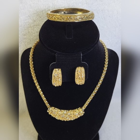 None Jewelry - Gold and Rhinestone Jewelry Set - Necklace, Bracelet and Earrings